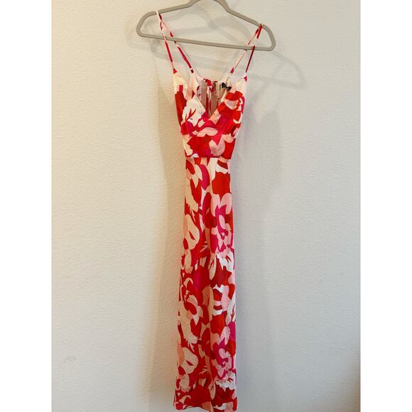 Lulu’s Front Page Hues Coral Multi Floral Print Satin Midi Dress Size Medium - Picture 3 of 6